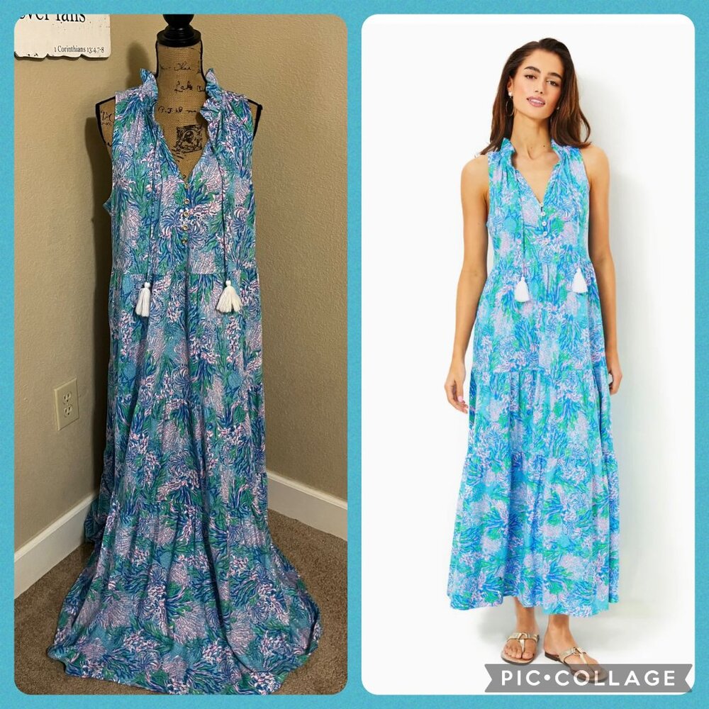 Lilly Pulitzer Malone Maxi Dress Las Olas Aqua Strong Current Sea Size XL